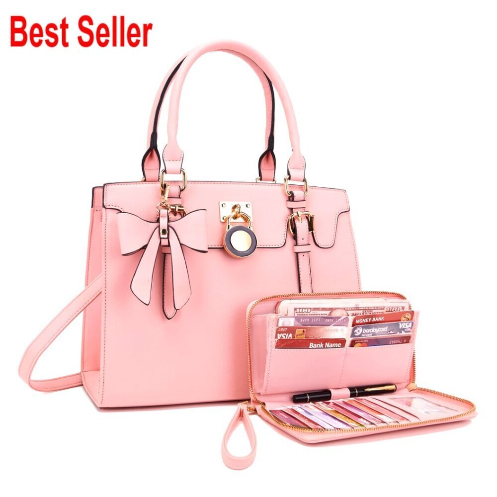 Faux Leather Top Handle Satchel Tote Shoulder Bag With Matching Clutch Wallet